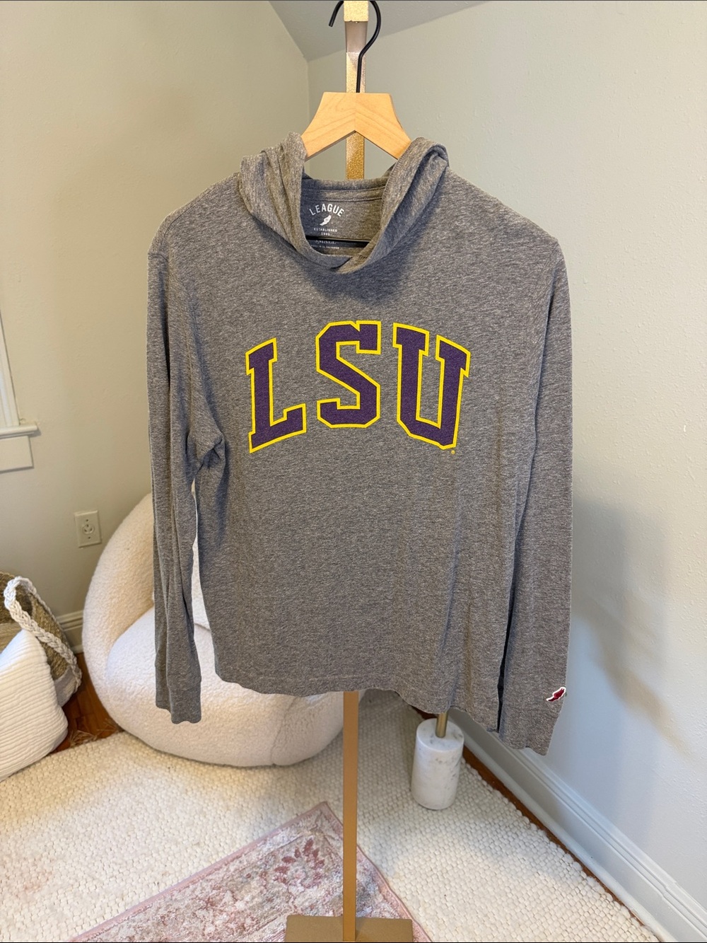 League Gray Long-Sleeve Hooded LSU Tee with Yellow & Purple Lettering